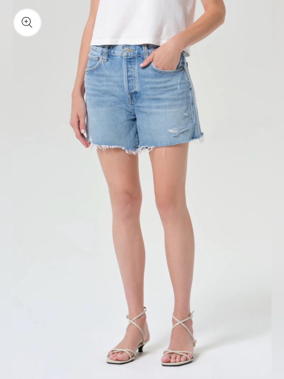 Agolde Parker Long Light Blue Distressed High-Rise Denim Shorts - Picture 4 of 9